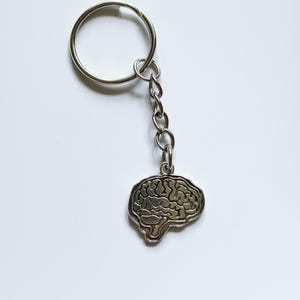 May include: A silver-toned metal keychain featuring a detailed anatomical brain charm. The charm is attached to a standard circular split ring by a short metal chain. The brain design includes raised ridges and grooves, creating a textured surface.