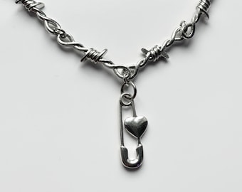 Barbed Wire Safety Pin Heart Necklace | Emo Goth Alt Tattoo Punk Rock Spooky