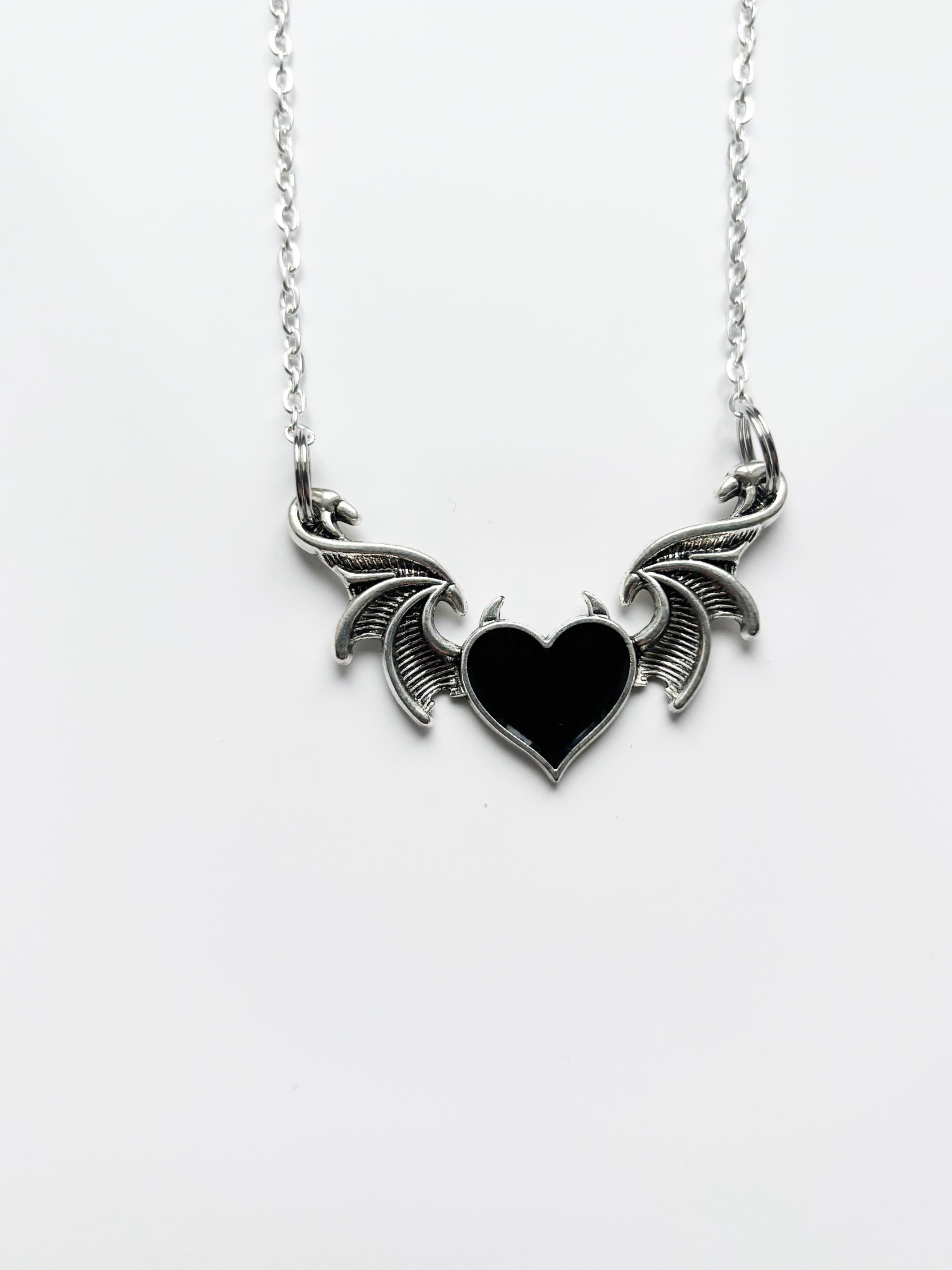 Hanging Winged Black Heart Silver Necklace & Pendent | Goth Emo