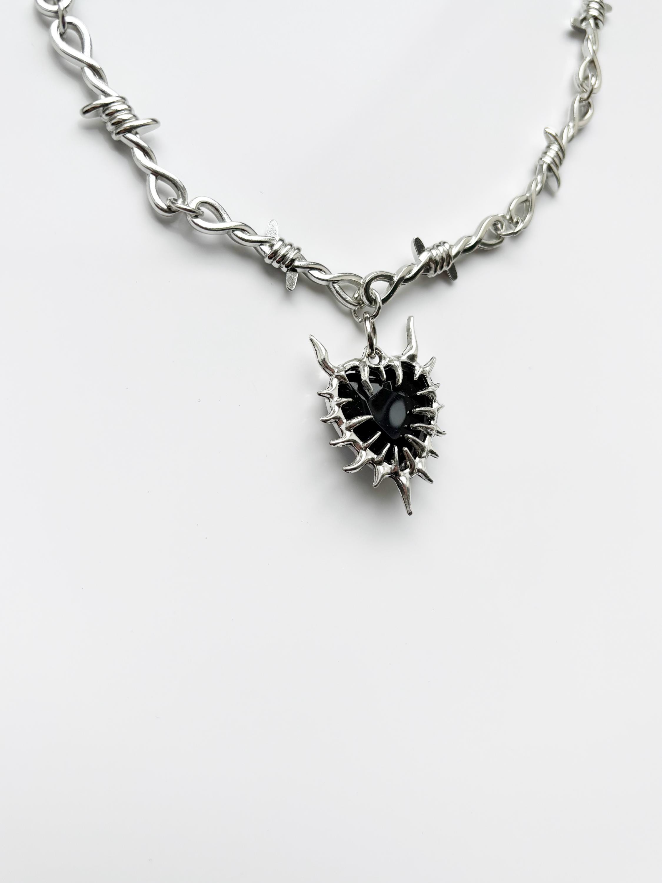 Barbed Wire Black Thorn Heart Necklace | Goth Emo 666 Alt Metal