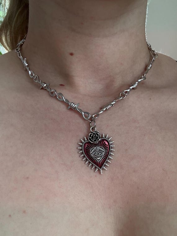 Barbed Wire Silver Evil Eye Heart Necklace | Goth Emo Alt Tattoo