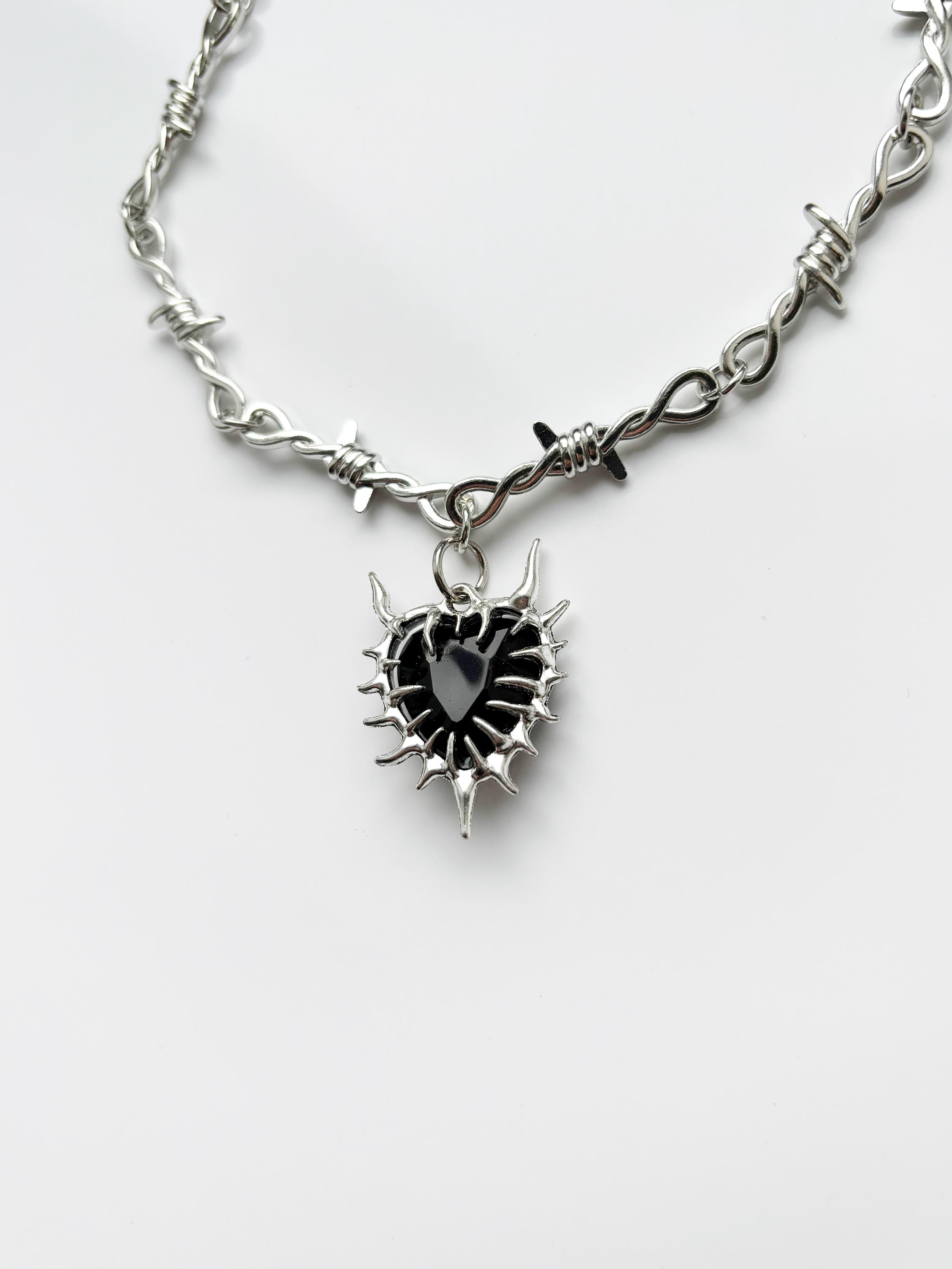 Barbed Wire Black Thorn Heart Necklace | Goth Emo 666 Alt Metal