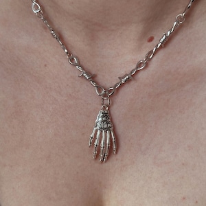 Barbed Wire Skeleton Hand Silver Necklace | Goth Spider Bones Skull