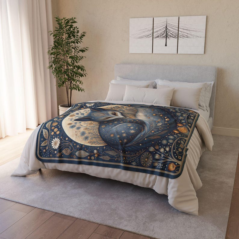Manta Sherpa Celestial Fox, manta polar con efecto luna. Decoración acogedora de bosque estrellado. imagen 7