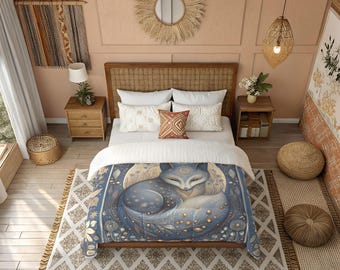 Starlit Fox Nocturne Folk Dekbed | Bosfantasie | Quilt in vier maten | Cottagecore boho-slaapkamer