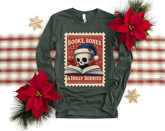 Gothic Book Lover-shirt met lange mouwen, Dark Academia, kerstshirt, kersttop, cadeau bibliothecaris