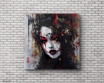 Kabuki-geisha-print| Gotisch portret wanddecoratie, donkere kunst, cyberpunk, moderne galerij, humeurige portretten