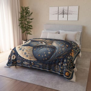 Manta Sherpa Celestial Fox, manta polar con efecto luna. Decoración acogedora de bosque estrellado. imagen 4