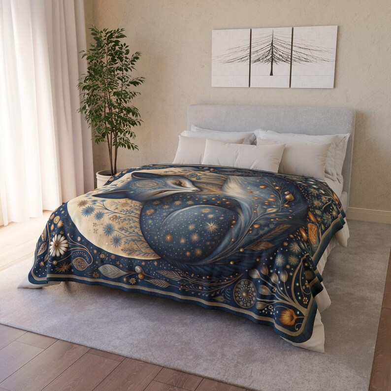 Manta Sherpa Celestial Fox, manta polar con efecto luna. Decoración acogedora de bosque estrellado. imagen 4