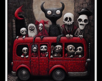 Vinylstickers zonder bubbels, Halloween-spookvoertuig, Fright Bus Goth Art, Grillige sticker