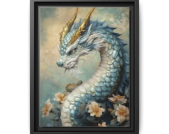 Leinwanddruck Orientalischer Drache: Himmlische Perle, goldene Hörner, blaue Blumen