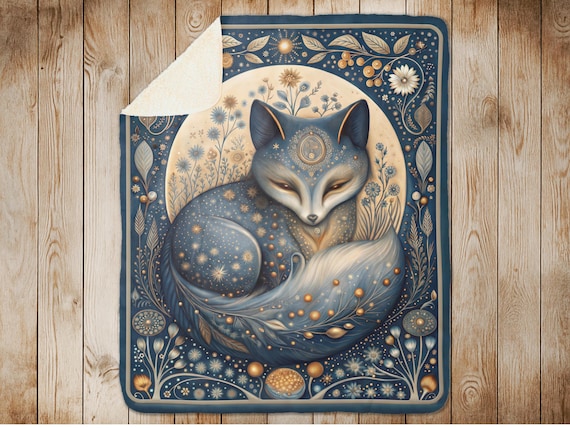 Celestial Fox Sherpa Blanket, Moonlit Fleece Throw. Cozy Starry Woodland Decor