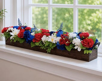 Patriotic Floral 32 in. Centerpiece, Americana Table Decor, Red White Blue Summer  Flower Arrangement, 4th of July Mantel Coffee Table Decor
