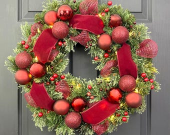 Burgundy Velvet Christmas Wreath, Green Red Holiday Door Hanger, Wreath Garland Set, Light Up Christmas Ornament Wreath for Front Door