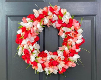Valentines Day Wreath, Pink and Red Tulip Wreath, Pink and White Tulip Wreath, Pink Spring Wreath, Red Valentines Day Wreath, Tulip Wreath
