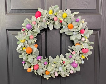 Easter Egg Wreath, Spring Mantle Decor, Lamb’s Ear Spring Greenery Door Hanger, Front Door Easter Light Up Wreath Garland Set, Easter Decor