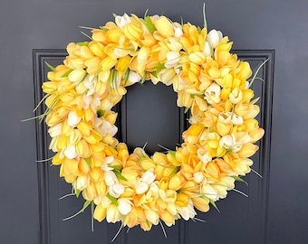 Yellow Large Tulip Wreath, Spring Front Door Wreath, Year Round Modern Wreath, Summer Porch Home Decor, Wedding Entry Decor, Gift for Mom