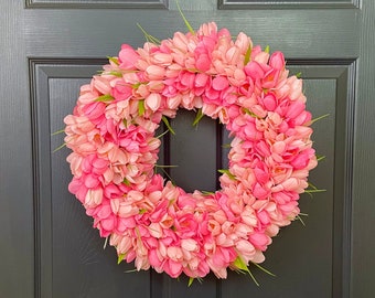 Pink Tulip Front Door Wreath, Spring Easter Floral Door Hanger, It's A Girl Light Pink Baby Shower Decor, Year Round Modern Door Wreath