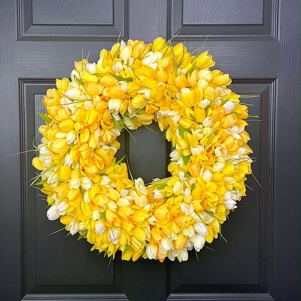 Yellow Front Door Tulip Wreath, Pastel Spring Summer Door Wreath, Housewarming Gift, Year Round Modern Door Wreath, Mother's Day Gift