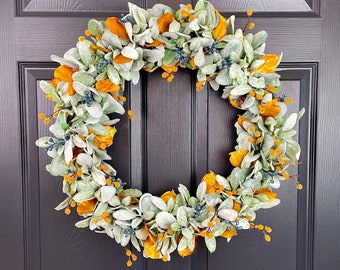 Fall Lamb's Ear Wreath, Pumpkin Farmhouse Wreath, Blue and Orange Floral Berry Hanger, Modern Neutral Front Door Decor, Thanksgiving Wreath