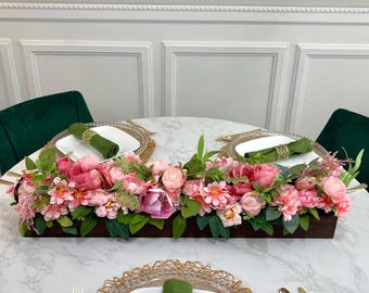 Spring Pink and Green Dining Table Centerpiece, Summer Floral Centerpiece in Wooden Box, Mothers Day Gift, Peony Faux Flowers Mantle Decor