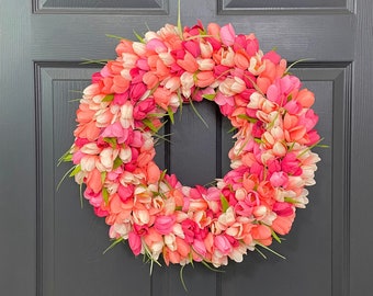 Large Spring Tulip Wreath, Mother's Day Gift, Pink It's A Girl Baby Shower Wreath, Modern Front Door Decor, Pink Fuchsia Floral Door Hanger