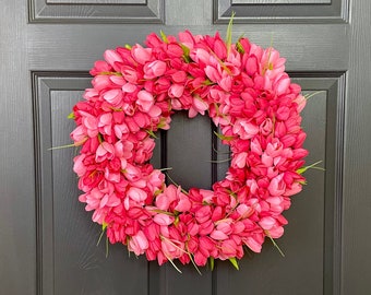 Pink Magenta Tulip Wreath, Spring Summer Door Hanger, Modern All Seasons Wreath, Mother's Day Gift, Breast Cancer Survivor Fuchsia Wreath