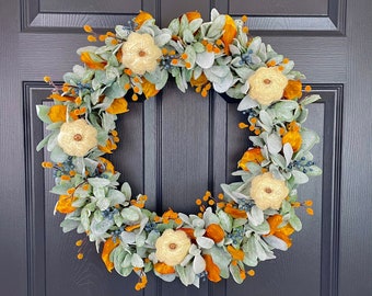 White Pumpkin Wreath, Fall Lamb's Ear Wreath, Neutral Farmhouse Wreath, Modern Front Door Decor, Blue Orange White Thanksgiving Wreath