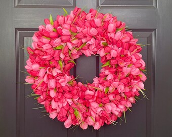 Bright Pink Magenta Tulip Wreath, Spring Easter Door Decor, Modern All Season Wreath, Mother's Day Gift, Breast Cancer Survivor Wreath