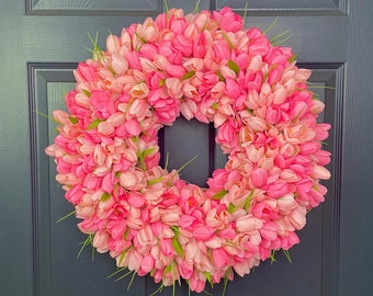 Baby Pink Tulip Wreath, Large Front Door Spring Door Hanger, It's A Girl Baby Shower Door Decoration, Pink Easter Front Door Decor