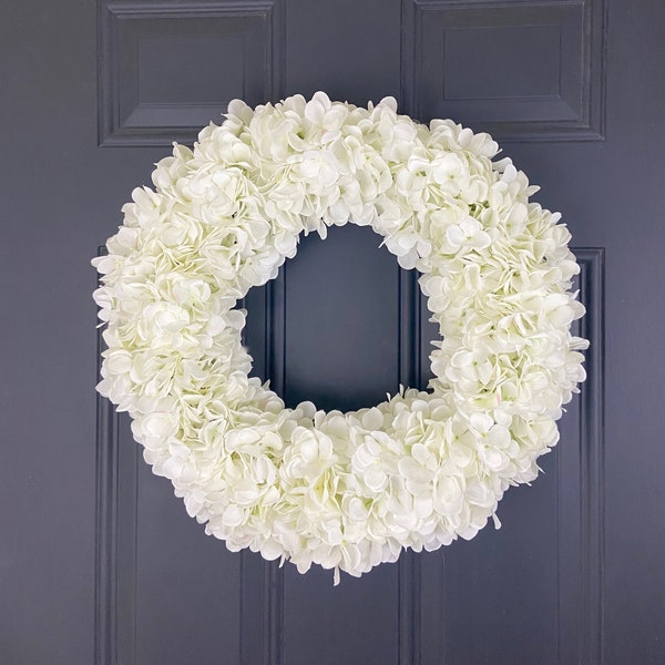 Hydrangea Wreath, White Hydrangea Wreath, White Wreath, Spring Wreath, Large Wreath for Front Door, Farmhouse Wreath, White Spring Wreath