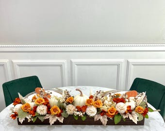 Fall Floral Thanksgiving Table Centerpiece, Autumn Mantel Arrangement, Pumpkin Decor for Dining Table, Orange Pumpkin Farmhouse Decor
