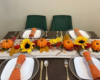 Fall Pumpkin Garland, Autumn Table Centerpiece, Thanksgiving Table Floral Arrangement, Fall Sunflower Garland for Mantle and Staircase