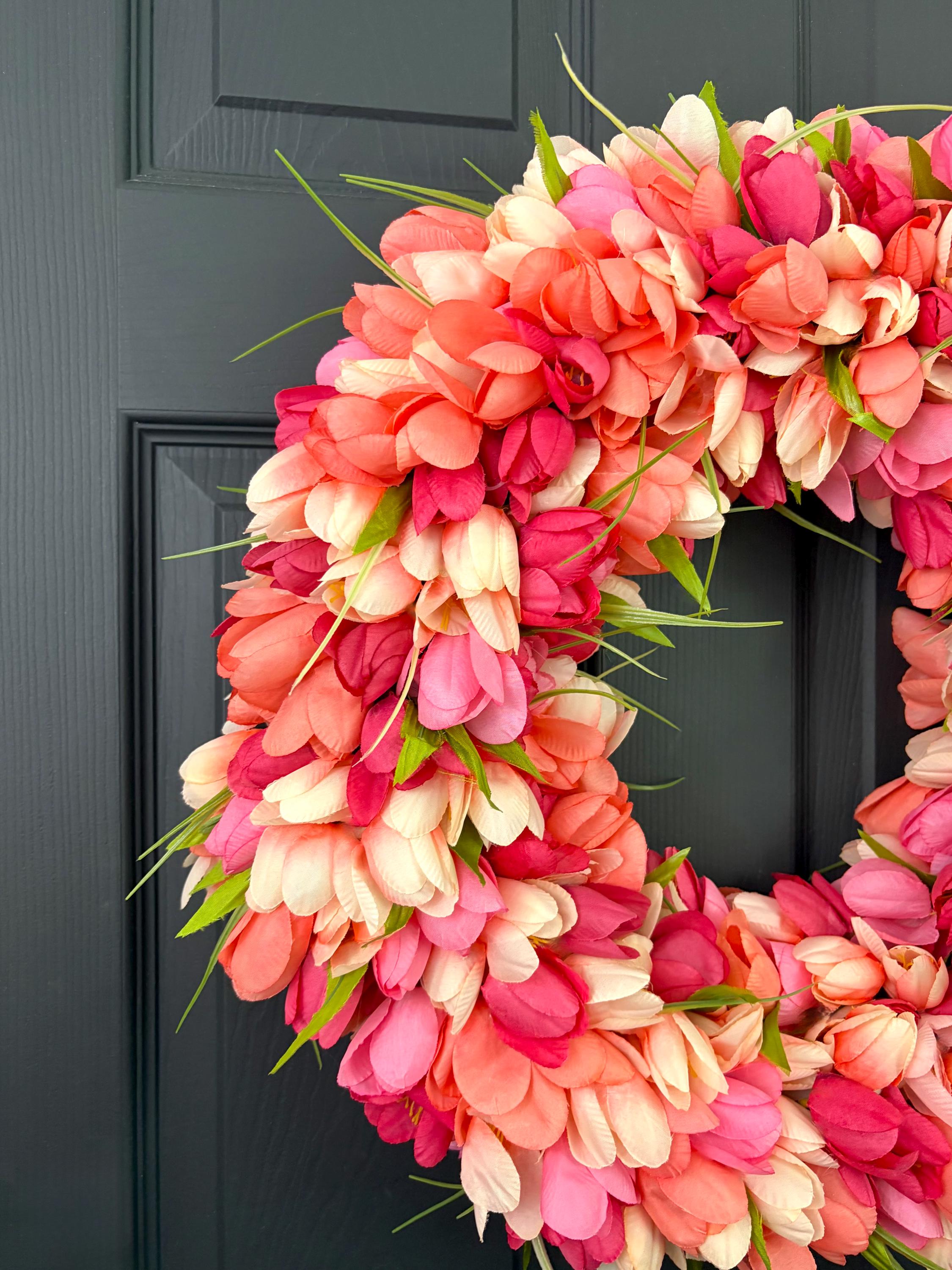 Coral Pink Tulip Wreath for Front Door, Pink Spring Floral Wreath ...