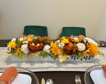 Pumpkin Floral Dining Table Centerpiece, Fall Flowers in Wooden Box, Autumn Coffee Table Mantle Arrangement, Thanksgiving Harvest Decor