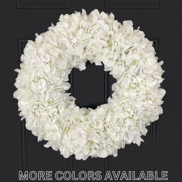 White Hydrangea Wreath, Modern Statement Door Hanger, Bridal Shower Wreath, Colored Front Door Wreath, Silk Floral Wedding Ceremony Decor
