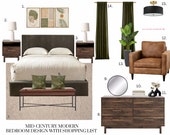 Mid Century Modern Bedroom Design, Virtual Interior Design, Home Styling Mood Board, Virtual Staging E-design, Bedroom Styling Paint Colors