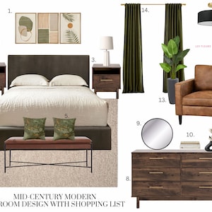Diseño de dormitorio moderno de mediados de siglo, diseño de interiores virtual, panel de estado de ánimo de estilo hogareño, diseño electrónico de puesta en escena virtual, colores de pintura de estilo de dormitorio