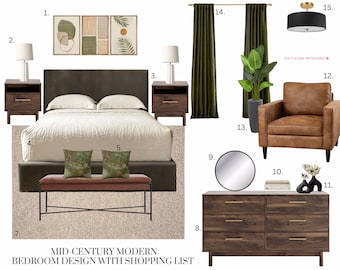 Mid Century Modern Bedroom Design, Virtual Interior Design, Home Styling Mood Board, Virtual Staging E-design, Bedroom Styling Paint Colors