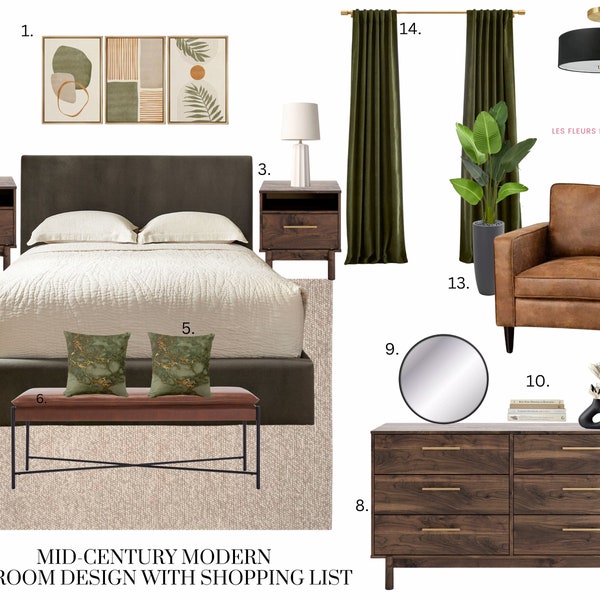 Mid Century Modern Bedroom Design, Virtual Interior Design, Home Styling Mood Board, Virtual Staging E-design, Bedroom Styling Paint Colors