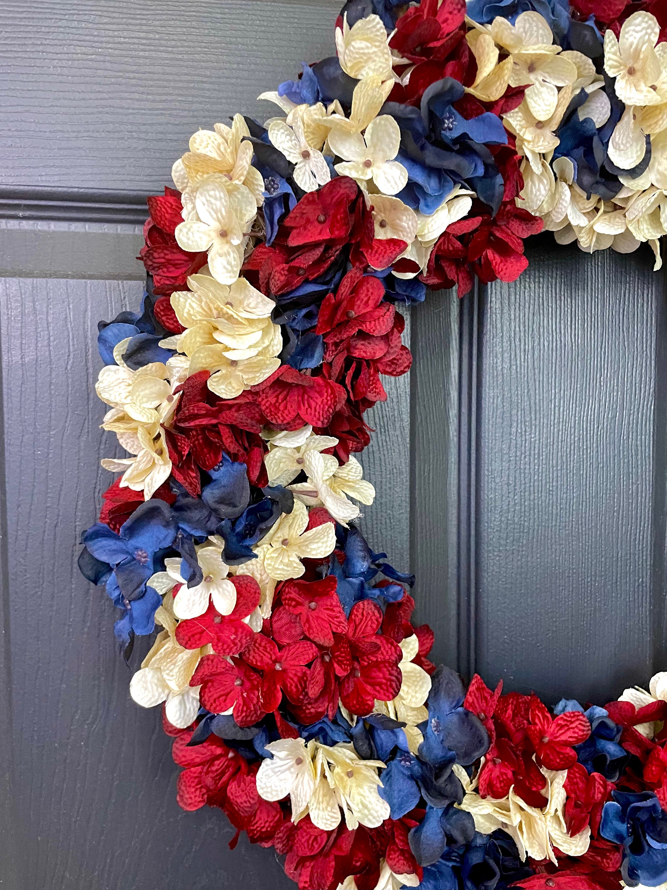 Patriotic Wreath for Front Door, Red White and Blue Hydrangea Wreath ...