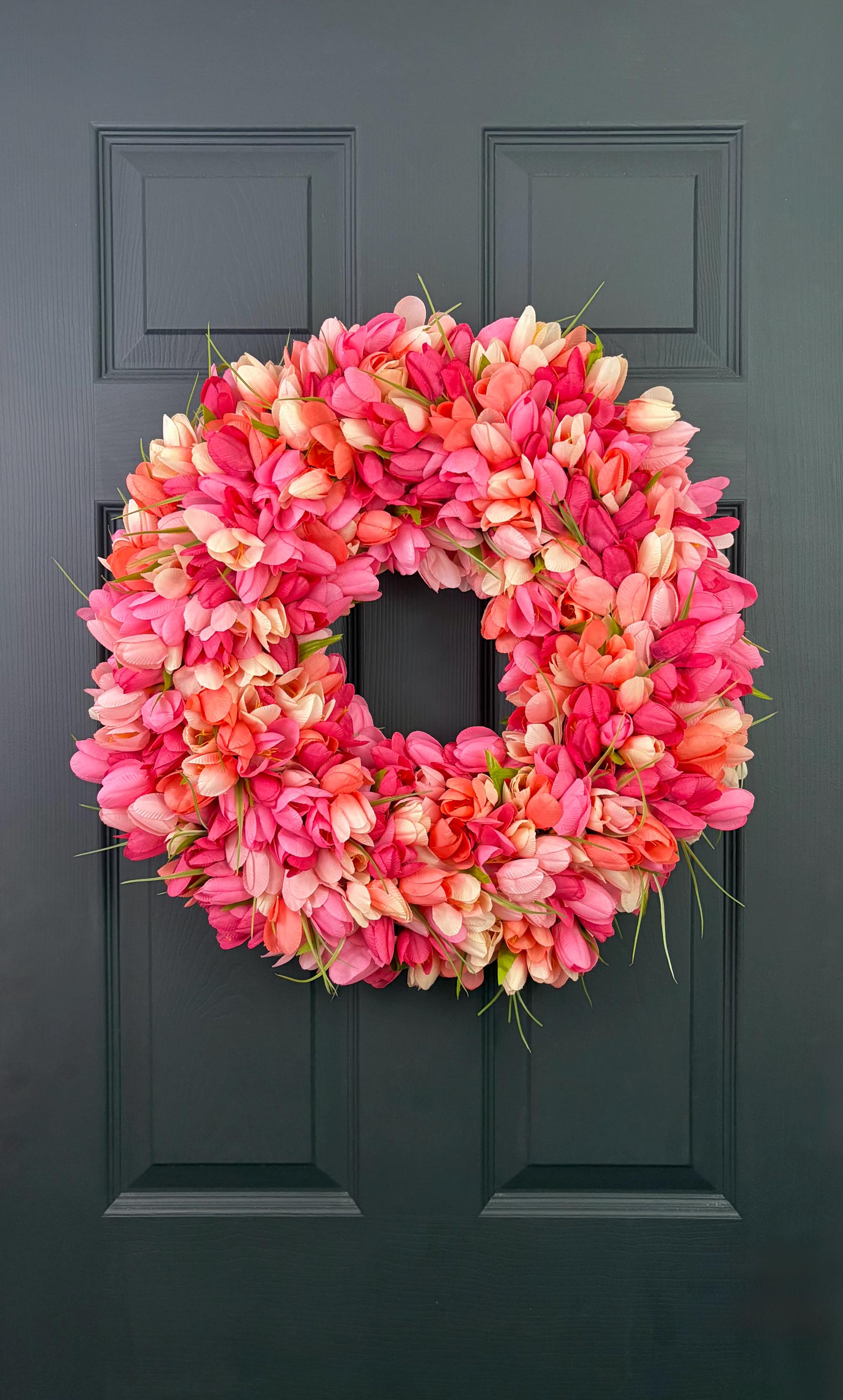 Coral Pink Tulip Wreath for Front Door, Pink Spring Floral Wreath ...
