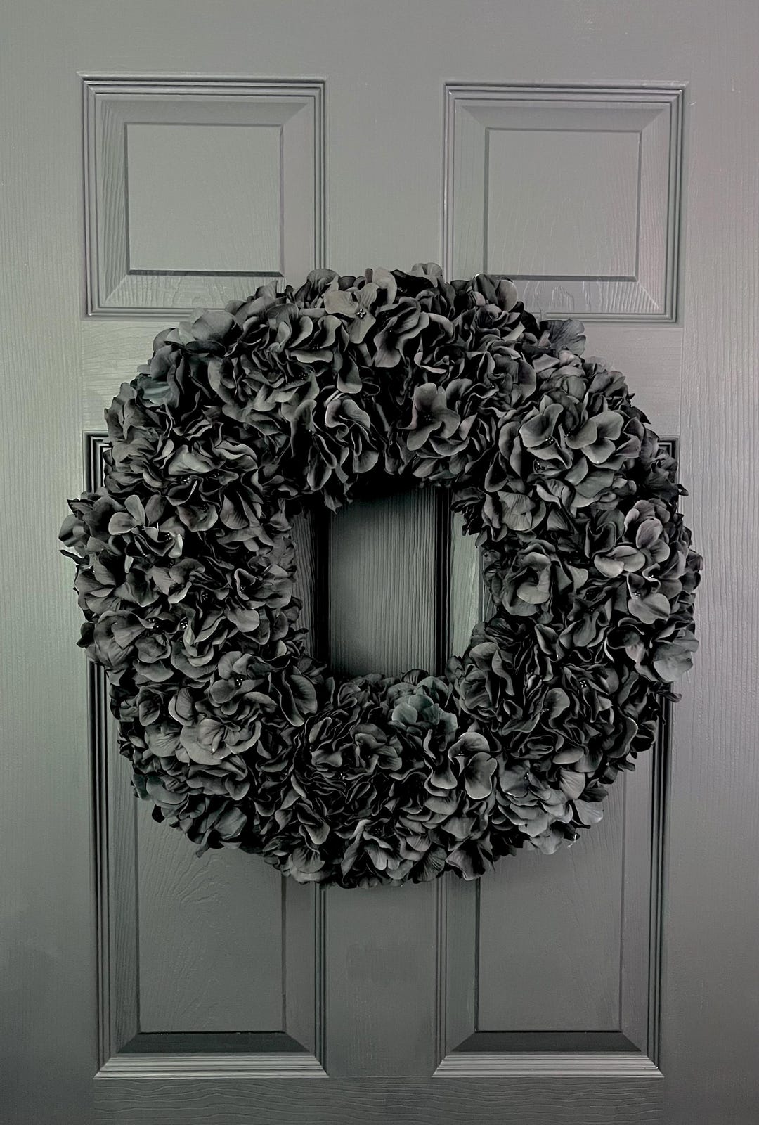 Black Faux Hydrangea Wreath, Halloween Door Hanger, Gothic Front Porch ...