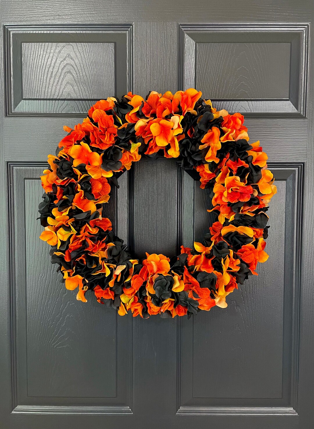 Halloween Wreath for Front Door, Black and Orange Hydrangea Door Hanger ...