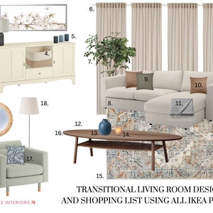 Diseño de sala de estar de Ikea, diseño de interiores virtual, tablero de estado de ánimo de sala de estar de estilo moderno de transición, paquete de estilo de sala de escenario virtual