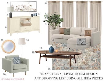 Ikea Living Room Design, Virtual Interior Design, Transitional Modern Style Living Room Mood Board, Virtual Staging Room Styling Package