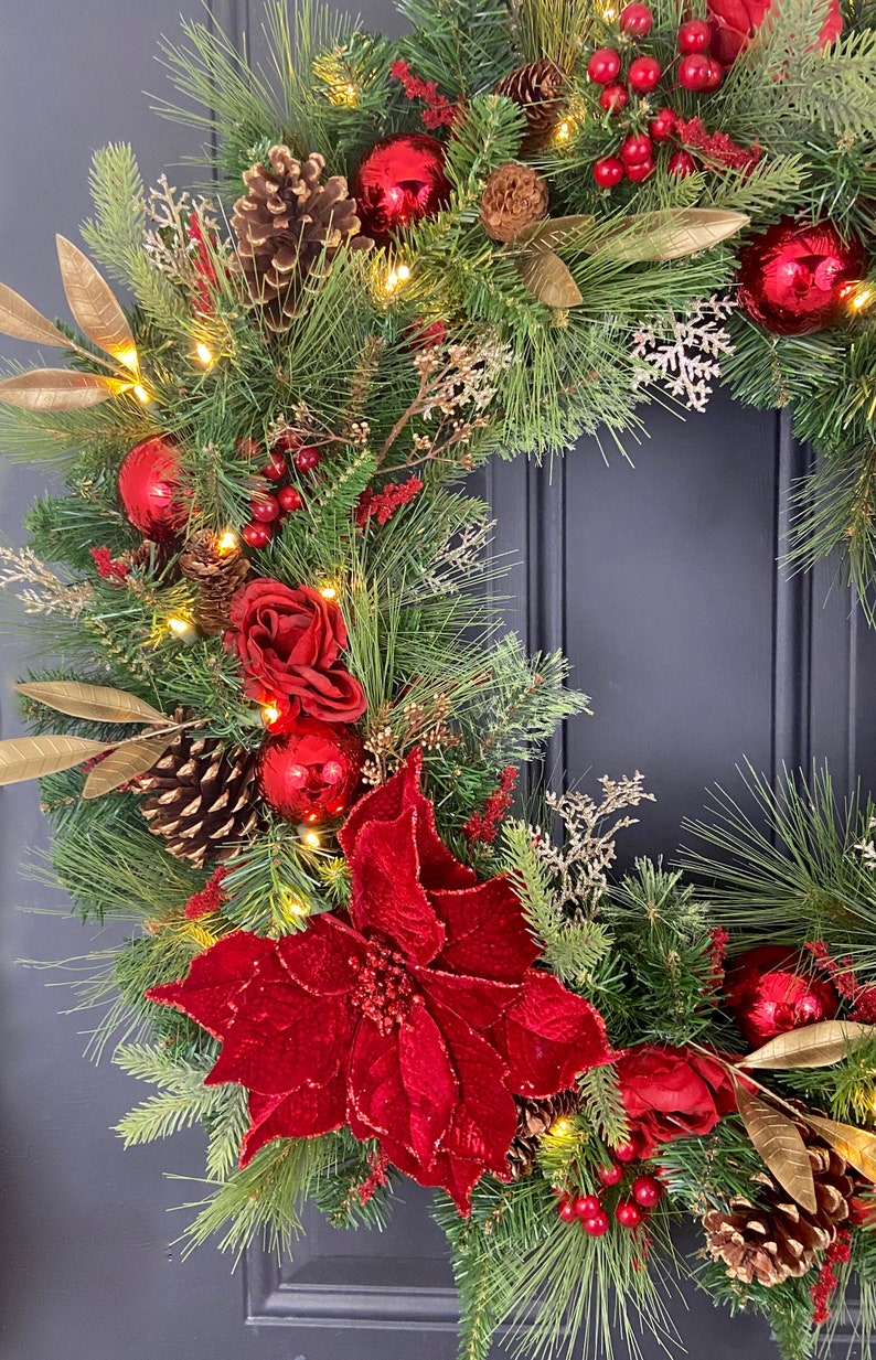 Red Christmas Wreath Poinsettia Wreath Large Christmas Etsy