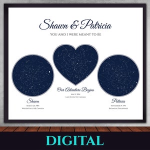 Carte des étoiles, ciel nocturne, coeur de 3 cartes, cadeau pour anniversaire, anniversaire, premier rendez-vous, mariage