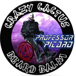 May include: A black and white circular logo with the text "Crazy Cactus" and "The Beard Balm" around the edge. In the center is a purple and white background with a man in a black jacket and pants sitting in a chair with a red starfleet logo. The text "Professor Picard" is in blue letters.