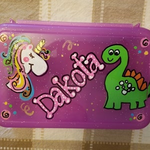 Unicorn Pencil Box, Dinosaur Pencil box, Personalized,Pencil Box,Girls,Hand Painted,Crayon box,Scissor storage,Pencil Box, School Supply box